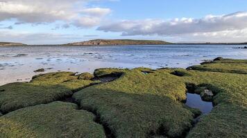 hermosa costero paisaje escenario, salvaje atlántico forma, verde colina, isla, verde césped playa a hilo de plata en galway, Irlanda, naturaleza fondo, fondo de pantalla foto