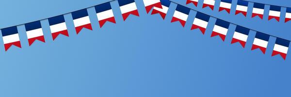 France web banner with copy space. French national hanging flags rectangular horizontal vector background