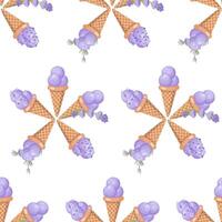 Lavender ice cream. Three scoops of creamy sweet dessert in a waffle cone. Purple sorbet. Seamless pattern. Vector illustration.