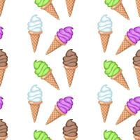 Multi-colored fruit ice cream in waffle cones. Seamless pattern. Vector illustration.