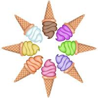 A set of ice cream with different flavors in waffle cones. Vector illustration isolated on white background.