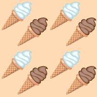 Vanilla and chocolate ice cream in waffle cones. Vector illustration. Seamless pattern.