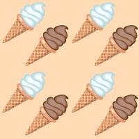 Vanilla and chocolate ice cream in waffle cones. Vector illustration. Seamless pattern.