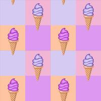 Multi-colored fruit ice cream in waffle cones. Seamless pattern. Vector illustration.