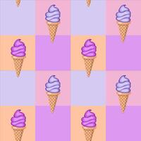 Multi-colored fruit ice cream in waffle cones. Seamless pattern. Vector illustration.