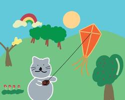 children drawing cat playing kites vector