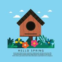 vector square design bird house with beautiful blooming flowers. hello spring art background