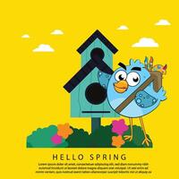 vector square design bird house with beautiful blooming flowers. hello spring art background