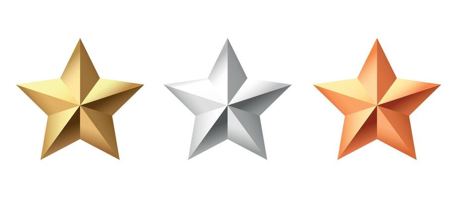 Golden, bronze, silver glossy metallic stars 3d realistic style. 1, 2, 3 place symbols.