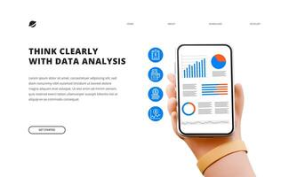 Data analysis graph chart information for decision landing page concept. cute cartoon hand holding phone app vector