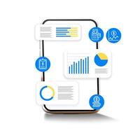 Data analysis graph chart information for decision. cute cartoon hand holding phone app vector