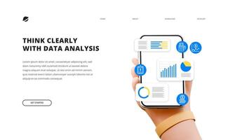 Data analysis graph chart information for decision landing page concept. cute cartoon hand holding phone app vector