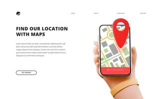 digital map location find point mark track gps system landing page concept. cute cartoon hand holden phone vector