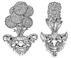 Hand drawn engraved vector set with funny demon or gnome faces as roots of beautiful spring flowers of Allium and Hyacinthus isolated on white, garden fantasy line art illustration