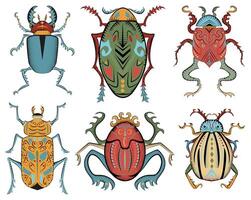 Colorful design vector set with mystic decorated bugs isolated on white, hand drawn line art