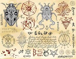 Design vector set with decorated bugs, pentagram, mystic, magic and gothic symbols against textured background, wicca concept, no foreign language, only fantasy signs.