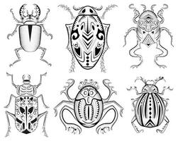 Design vector set with mystic decorated bugs isolated on white, hand drawn line art