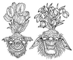 Hand drawn engraved vector set with funny demon or gnome faces as roots of beautiful spring flowers of Galanthus and Tulip isolated on white, garden fantasy line art illustration