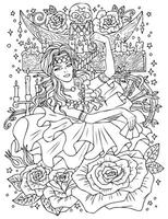 Fantasy engraved illustration with beautiful gypsy woman as witch or magician for coloring page. Hand drawn graphic line art with ethnic concept as tattoo, poster or card. vector