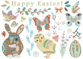 Hand drawn collection with Happy Easter holiday traditional symbols and objects - rabbit, egg, flowers, decorations in flat lay style isolated on white vector