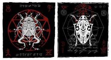 Design vector set with decorated bugs against mystic and gothic background with esoteric symbols, no foreign language, only fantasy signs.