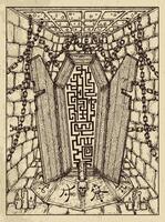 Coffin. Mystic concept for Lenormand oracle tarot card. Vector engraved illustration. Fantasy line art drawing and tattoo sketch. Gothic, occult and esoteric background
