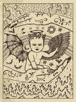 Demon child. Mystic concept for Lenormand oracle tarot card. Vector engraved illustration. Fantasy line art drawing and tattoo sketch. Gothic, occult and esoteric background