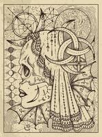 Moon. Mystic concept for Lenormand oracle tarot card. Vector engraved illustration. Fantasy line art drawing and tattoo sketch. Gothic, occult and esoteric background