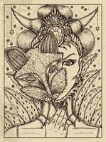 Fox. Mystic concept for Lenormand oracle tarot card. Vector engraved illustration. Fantasy line art drawing and tattoo sketch. Gothic, occult and esoteric background