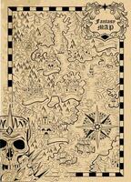 Old fantasy map with unknown land, ships, skull, compass and creatures on textured background. Pirate adventures, treasure hunt and old transportation concept. Hand drawn vector illustration.