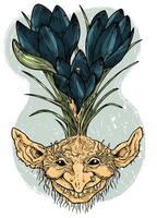 Hand drawn colorful vector illustration with engraved funny demon or gnome face as root of beautiful spring flower or Crocus isolated on white, garden fantasy concept