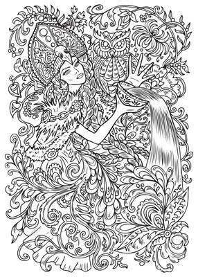 Fantasy engraved illustration with beautiful woman as witch or magician for coloring page. Hand drawn graphic line art with ethnic concept as tattoo, poster or card.