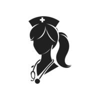 un negro y blanco logo de un mujer con un estetoscopio en eso vector