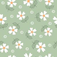 Seamless pattern with hand-drawn chamomile flower on a green background. Cute floral print. vector