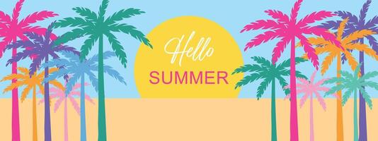 Hello summer. Bright banner with colored palm trees. vector