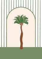 Tropical palm tree poster. Hand drawn palm tree framed, cute summer beach vector card. Botanical illustration for wall art, greeting, invitation, decorative plant into striped background.