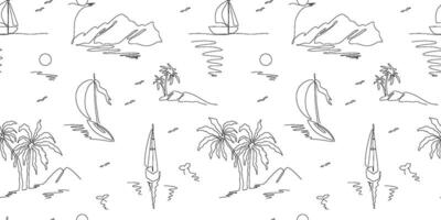 Summer sailing seamless pattern in one line drawing style. Vector black and white sea, island, coconut palm tree, yacht illustration hand drawn continuous art. Minimal print, fabric, textile design.