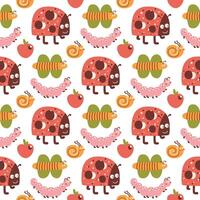 Baby insects pattern. Vector cute bugs cartoon repeat background on a white background, funny kids wallpaper with ladybug, caterpillar, butterfly, snail. Colorful print, textile design, wrapping paper