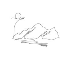 Mountain landscape, sun and sea one continuous line drawing Vector travel minimalist concept. Linear art scene, nature, outline design, black contour, adventure design for posters, logo illustration.