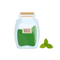 Dried basil leaves stored in glass jar isolated on white background. Aromatic herb, food spice or condiment, cooking ingredient in closed transparent container. Colorful vector illustration.