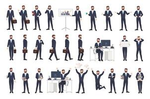 Business man, male office worker or clerk with beard dressed in smart suit in different postures, moods, situations. Flat cartoon character isolated on white background. Modern vector illustration.