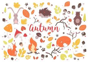 Collection of colorful autumn leaves, branches, cones, acorns, nuts, fruits, berries, mushrooms, burning bonfire and cute cartoon forest animals isolated on white background. Vector illustration.