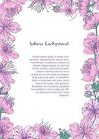 Colored background with floral frame consisted of beautiful pink blooming flowers and buds of Japanese sakura hand drawn with place for text in center. vector