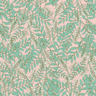 Gorgeous floral seamless pattern with acacia inflorescences and leaves. Tender blooming white flowers on pink background. Botanical vector illustration in art deco style for textile print, wallpaper.