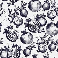 Gorgeous seamless pattern with cut and whole pomegranates growing on branch with leaves. Delicious fresh fruits. Botanical vector monochrome illustration for wrapping paper, textile print, wallpaper.