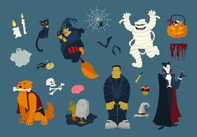 Big collection of funny and spooky Halloween cartoon characters - zombie, mummy, ghost, witch flying on broom, black cat, dead, vampire, spider on web, bats. Festive colorful flat vector illustration.