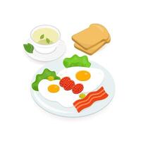 Delicious breakfast consisted of fried eggs with bacon strips and fresh vegetables lying on plate, pair of bread slices and cup of hot green tea. Tasty morning food. Colorful vector illustration.