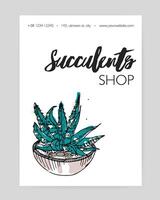 Flyer template with hand drawn desert plant growing in pot and place for text on white background. Natural home decoration, potted houseplant. Vector illustration for succulent shop advertisement.