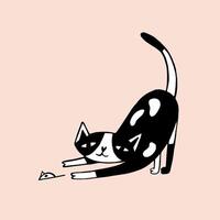 Drawing of funny cat hunting and catching mouse or playing with it. Playful pet animal. Cute cartoon character hand drawn in black and white colors. Monochrome vector illustration in doodle style.