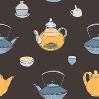 Elegant seamless pattern with hand drawn traditional Japanese tea ceremony attributes - cast-iron kettle Tetsubin, teapot, cups or bowls. Colorful vector illustration on dark background